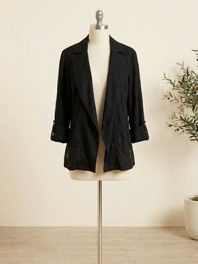 Chico's Black Linen Rayon Blend Roll-Sleeve Open-Front Blazer Size Large